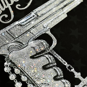 ART SUPER MONEY T-Shirt Holy Guns Con Stampa e Strass Fronte Retro Con Stampa Star Nera