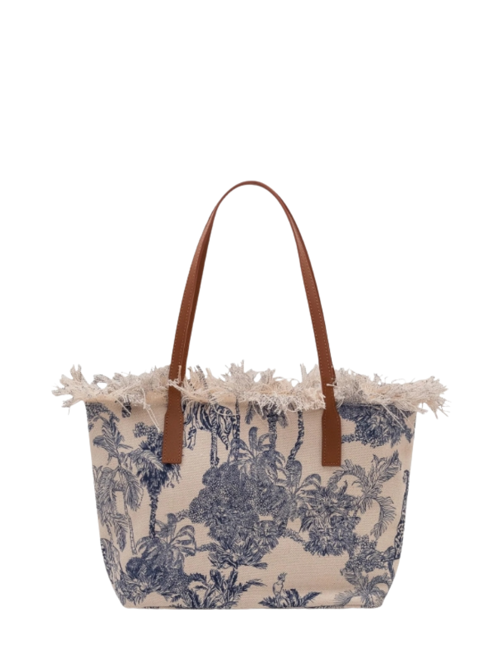 SAINT BARTH BORSA CITY BAG MID IN CANVAS JUNGLE OCEANIA CON FRANGE PANNA DETTAGLI BLU