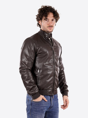 GIANNI LUPO Giacca In Ecopelle Collo Alto Marrone