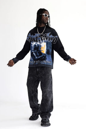 BLACK ISLAND Long Sleeve Racing Stampa con Brillantini Nero/Blu