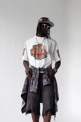 BLACK ISLAND T-Shirt In Cotone Sfumata Cropped Con Stampa Racing e Brillantini Fronte e Retro Bianco