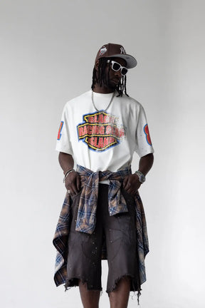 BLACK ISLAND T-Shirt In Cotone Sfumata Cropped Con Stampa Racing e Brillantini Fronte e Retro Bianco