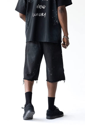 BLACK ISLAND Bermuda Jeans Jorts Con Dettagli Croci in Rilievo Nero Stone Wash