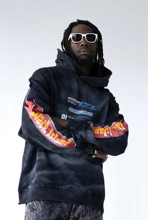 BLACK ISLAND Felpa In Cotone Sfumata Con Stampa Fronte-Manica e Retro Nero Stone Wash