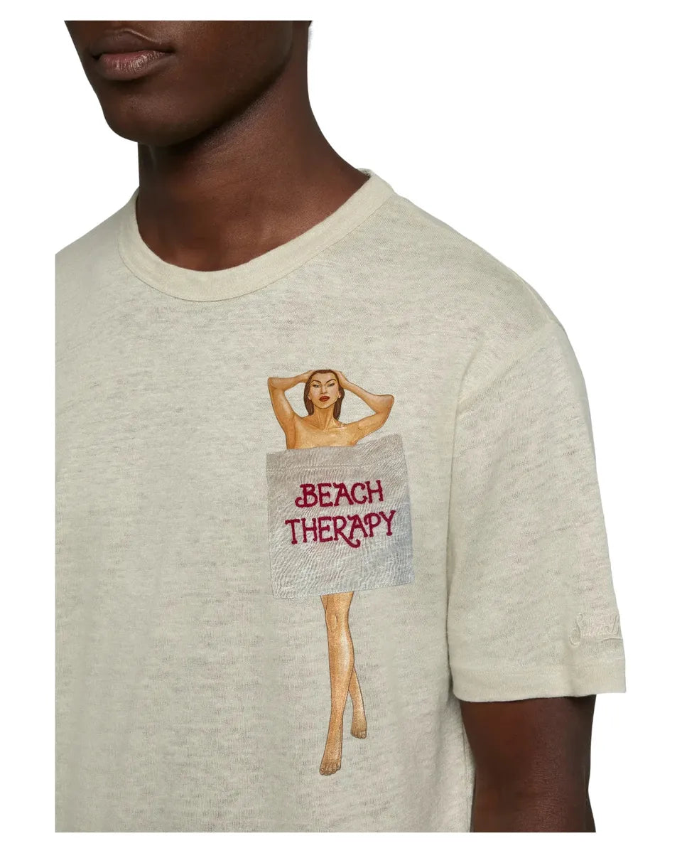 SAINT BARTH T-SHIRT ECSTASEA IN LINO BIANCO CON TASCHINO STAMPATO E RICAMATO