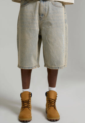 ED HARDY Pantaloncino in Jeans Jorts Sabbiato Con Dettagli Ricamati Fronte E Sul Retro