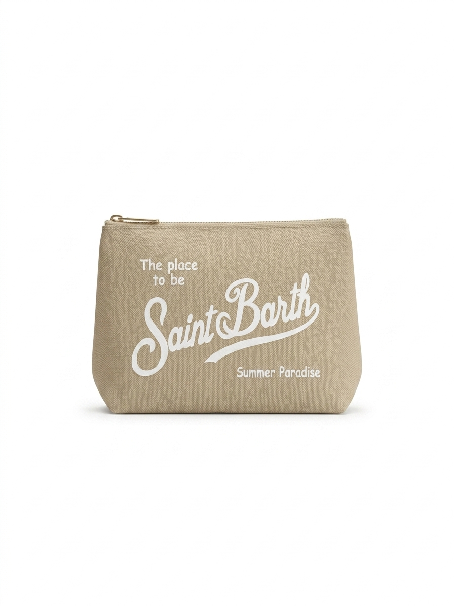 SAINT BARTH Pochette Aline Canvas Beige Logo Ricamato Bianco