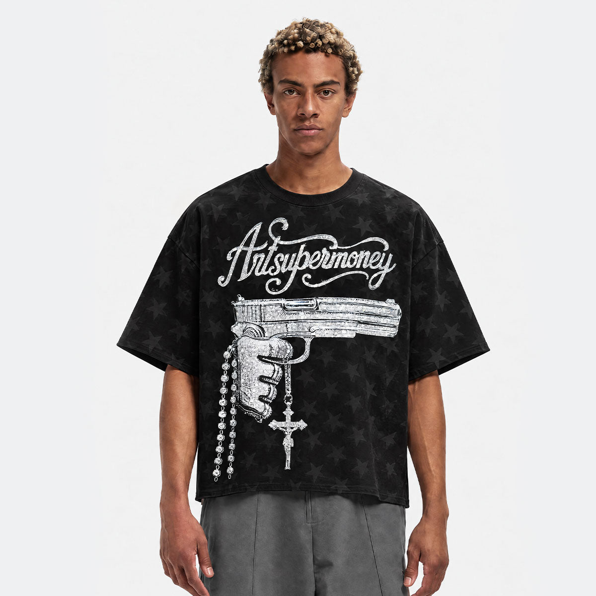 ART SUPER MONEY T-Shirt Holy Guns Con Stampa e Strass Fronte Retro Con Stampa Star Nera
