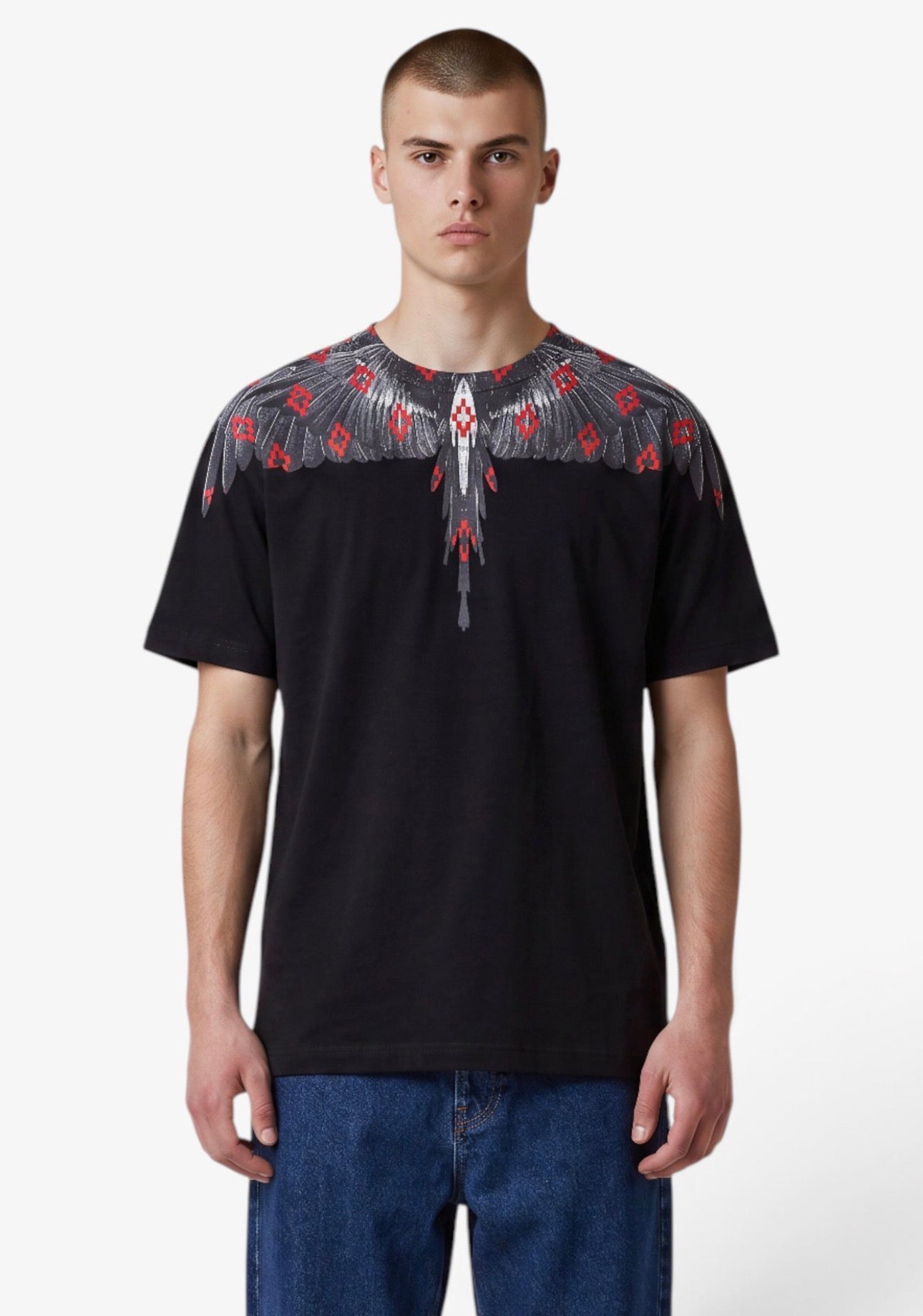 COUNTY OF MILAN T-Shirt Nera Marcelo Burlon Ali Nere, Multilogo Rosso
