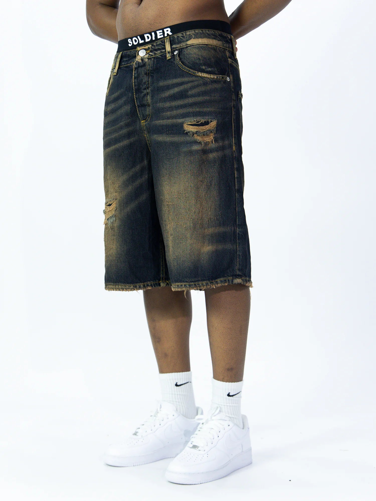 SOLDIER Bermuda Jorts Jeans In Denim Con Rotture Sabbiato Blu Scuro