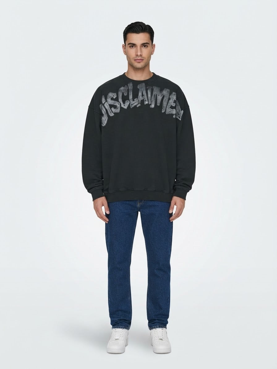 DISCLAIMER Felpa Oversize Girocollo Nera Logo Frontale Grigio Scuro