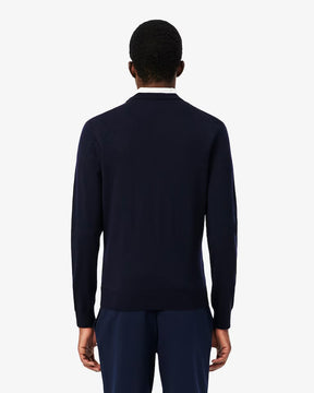 LACOSTE Maglione Girocollo In Lana Merino Logo Tono Su Tono Blu