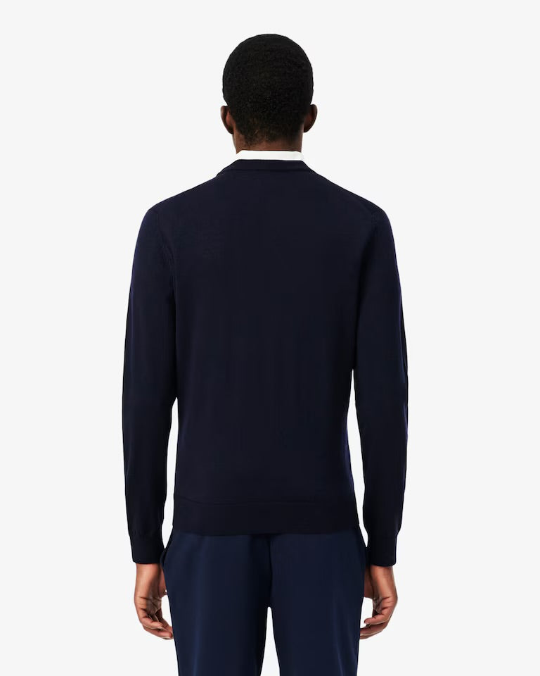 LACOSTE Maglione Girocollo In Lana Merino Logo Tono Su Tono Blu