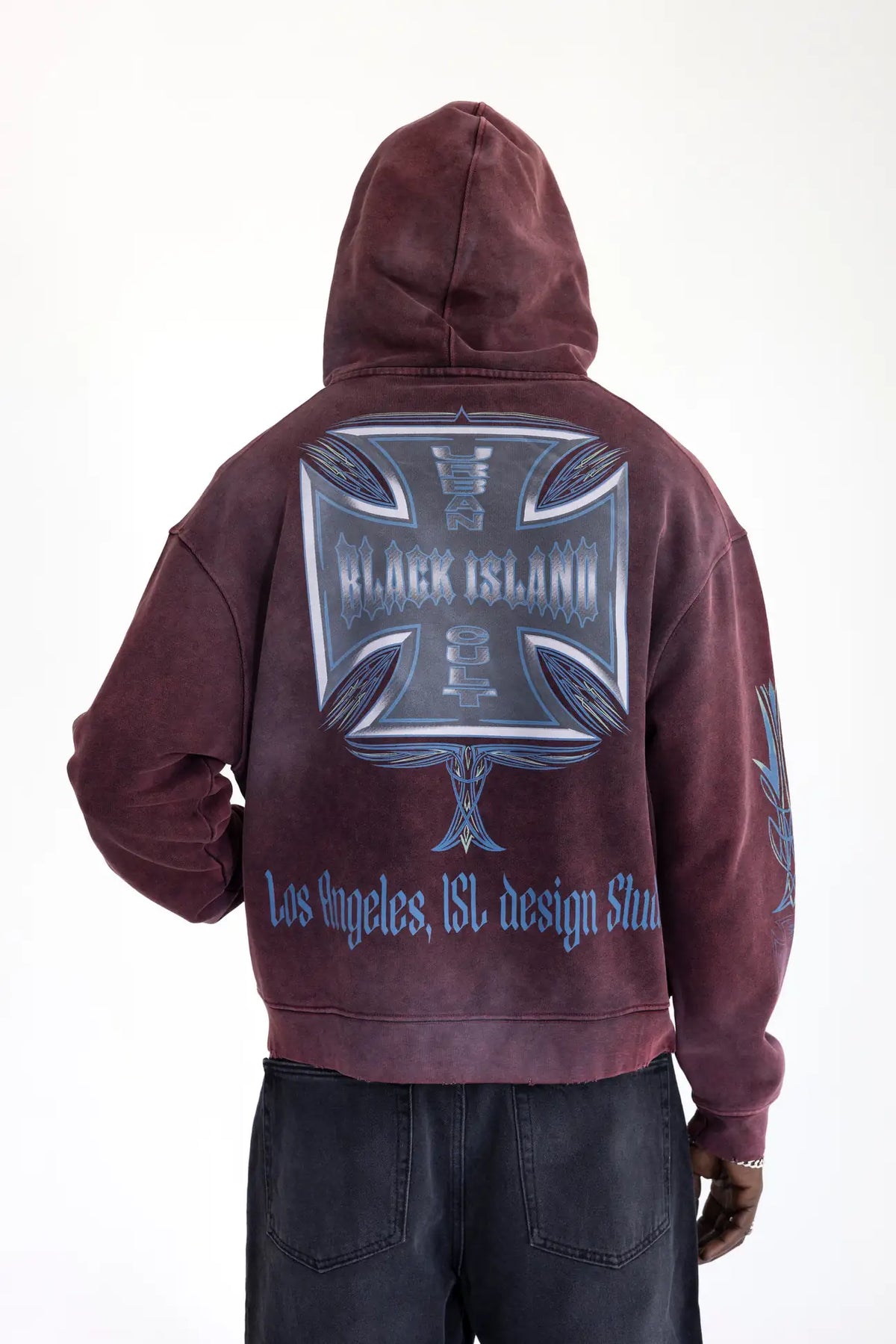 BLACK ISLAND Felpa Con Zip e Cappuccio Con Stampa Croce Fronte e Retro Stone Wash Bordeaux