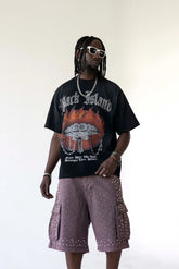 BLACK ISLAND T-Shirt In Cotone Sfumata Con Stampa Bocca In Fiamme e Brillantini Nera
