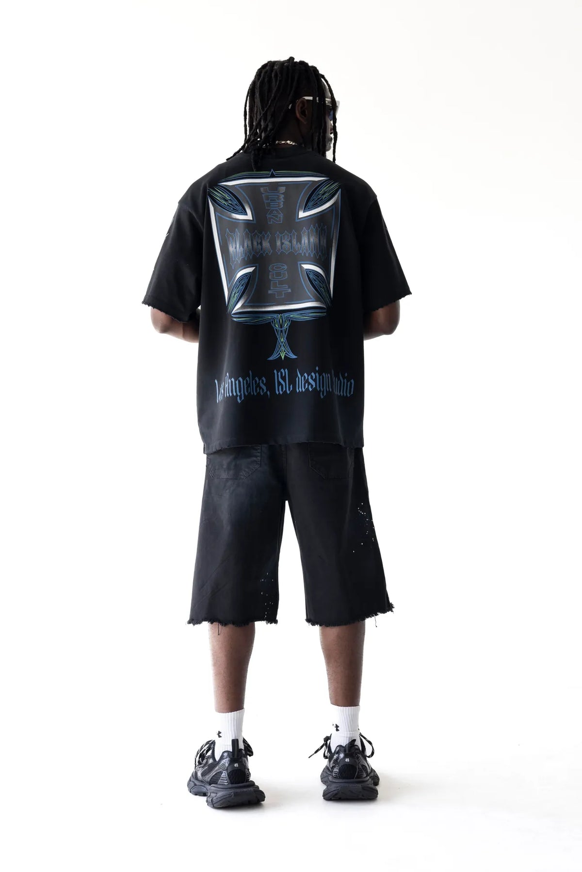 BLACK ISLAND T-Shirt In Cotone Stampa Croce Fronte e Retro Nera