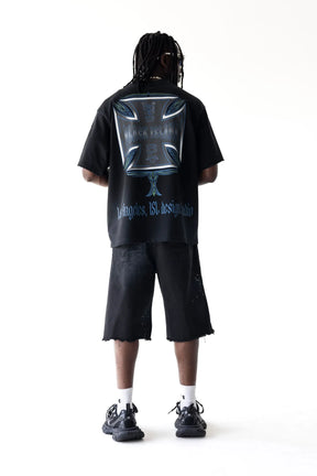 BLACK ISLAND T-Shirt In Cotone Stampa Croce Fronte e Retro Nera