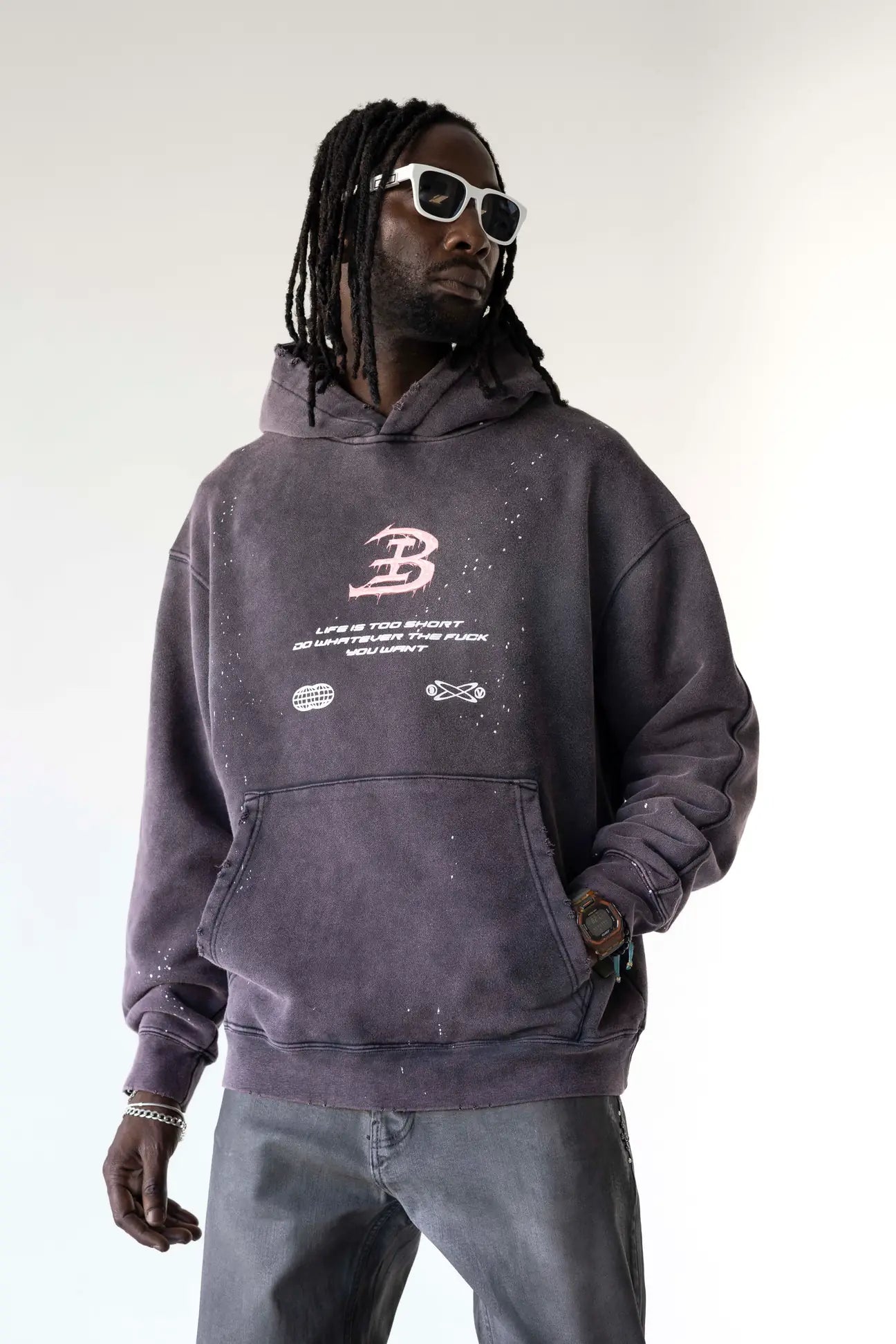 BLACK ISLAND Felpa Con Cappuccio Con Stampa Fronte e Retro Viola Stone Wash