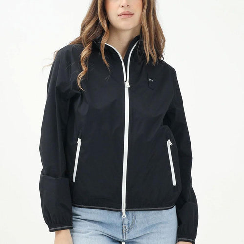 BLAUER Antivento Donna Con Cappuccio Nero Zip a Contrasto Bianca