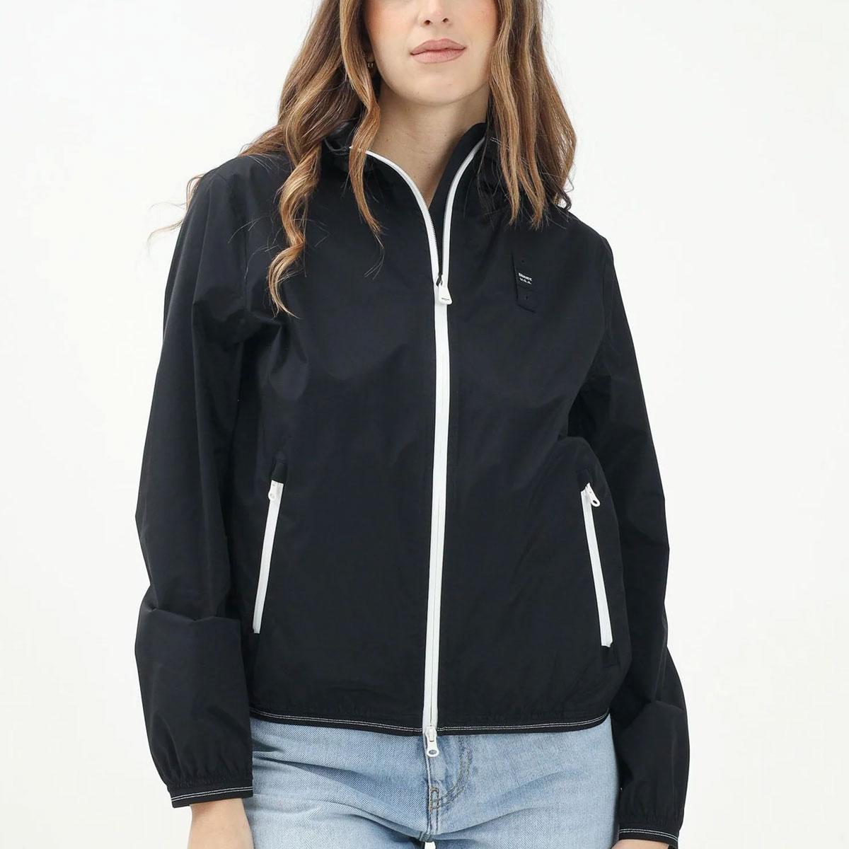 BLAUER Antivento Donna Con Cappuccio Nero Zip a Contrasto Bianca
