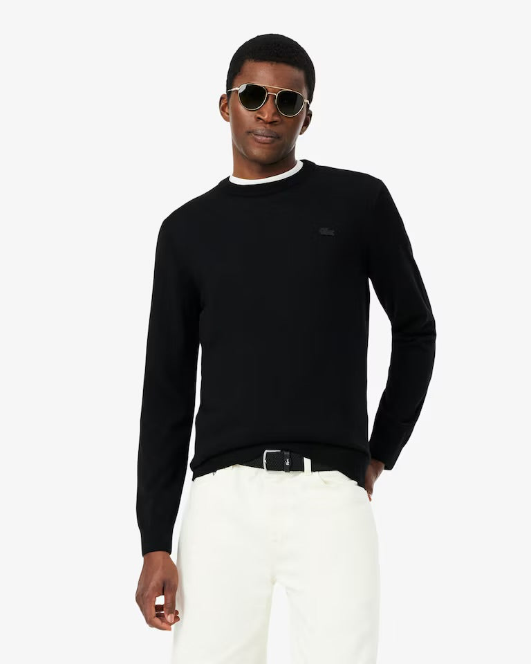 LACOSTE Maglione Girocollo In Lana Merino Logo Tono Su Tono Nero