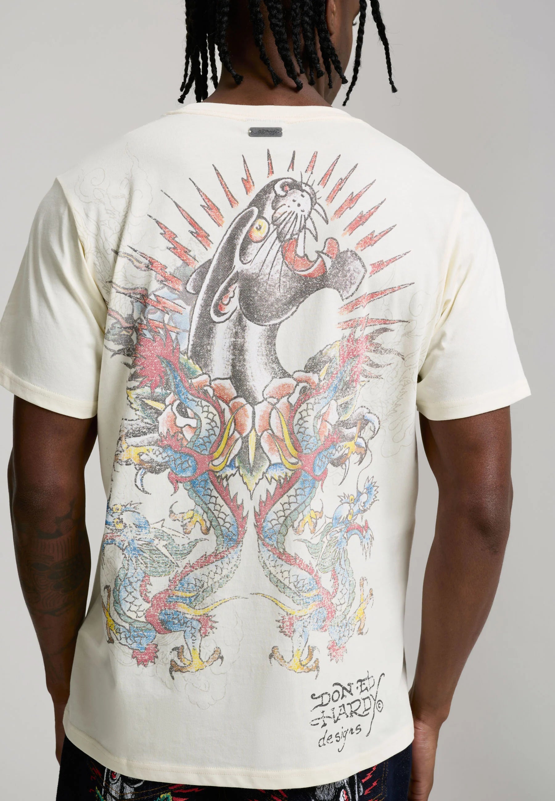 ED HARDY T-Shirt Con Logo Centrale e Stampa Retro Panna