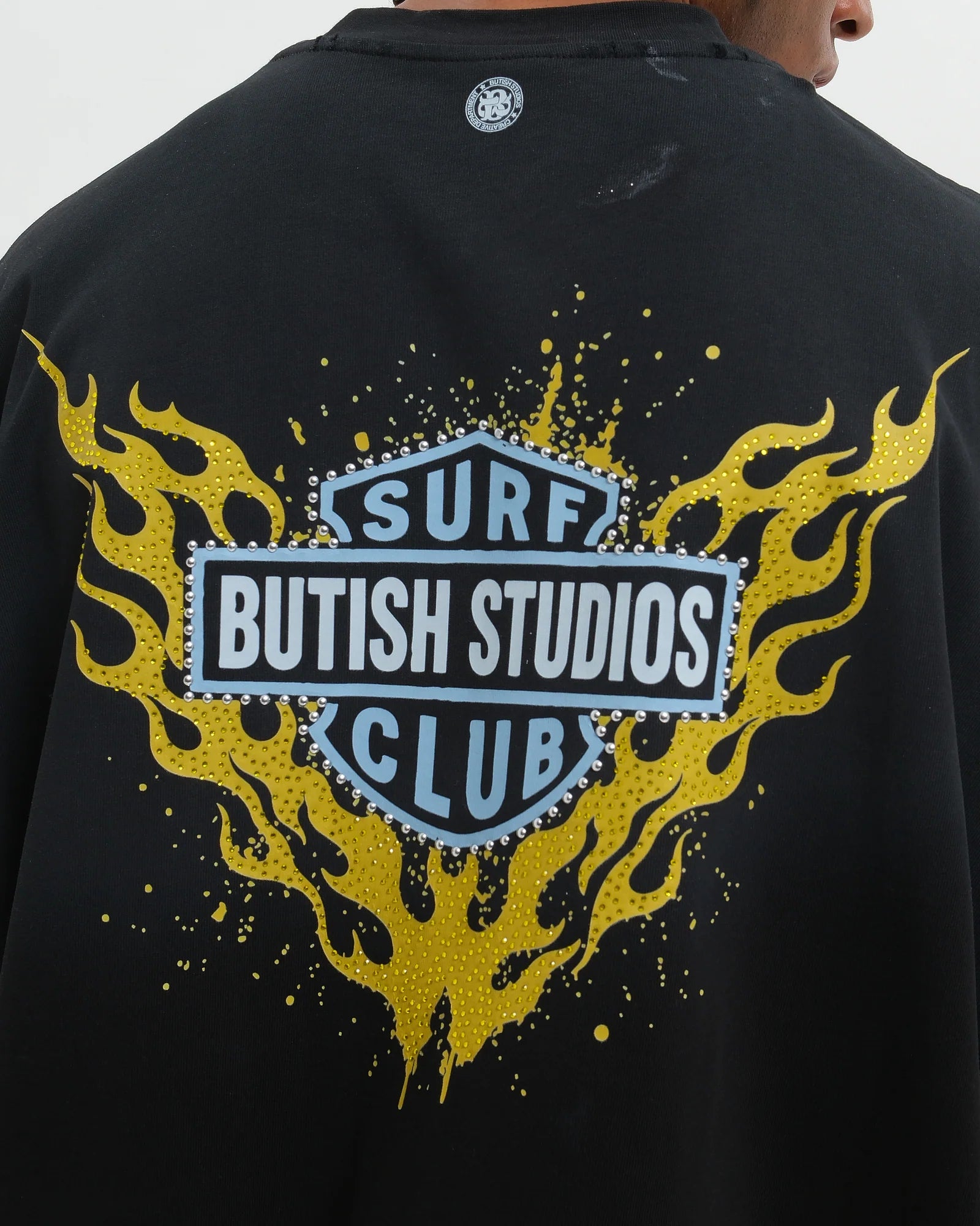 BUTISH T-Shirt Racing Stampa Fronte e Retro Con Strass Nera