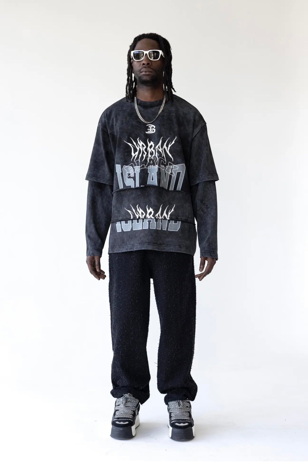 BLACK ISLAND T-Shirt Longe Sleeve In Cotone Sfumata Con Stampa Fronte Tripla Lunghezza Nero Stone Wash