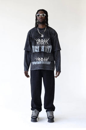 BLACK ISLAND T-Shirt Longe Sleeve In Cotone Sfumata Con Stampa Fronte Tripla Lunghezza Nero Stone Wash