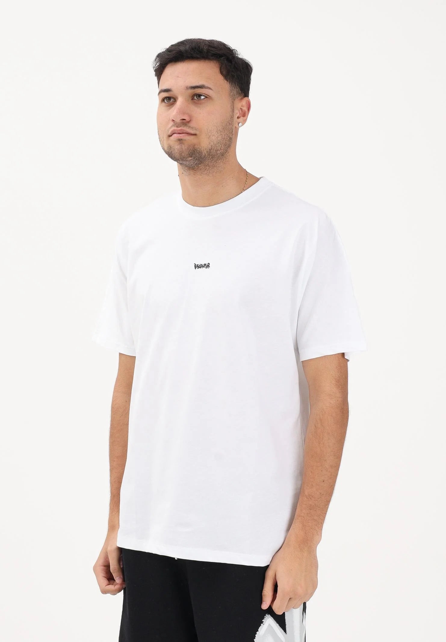 DISCLAIMER T-Shirt Con Logo Frontale e Stampa Retro Bianca/Nera
