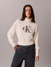 CALVIN KLEIN Donna Maglione a Collo Alto Con Logo Frontale Panna