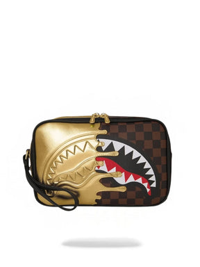 SPRAYGROUND Pochette SHARKS IN PARIS GOLD DRIP TOILETRY BRICK Marrone/Oro