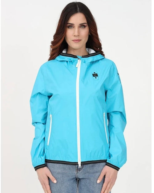 BLAUER Antivento Donna Con Cappuccio Azzurro Zip a Contrasto Bianca