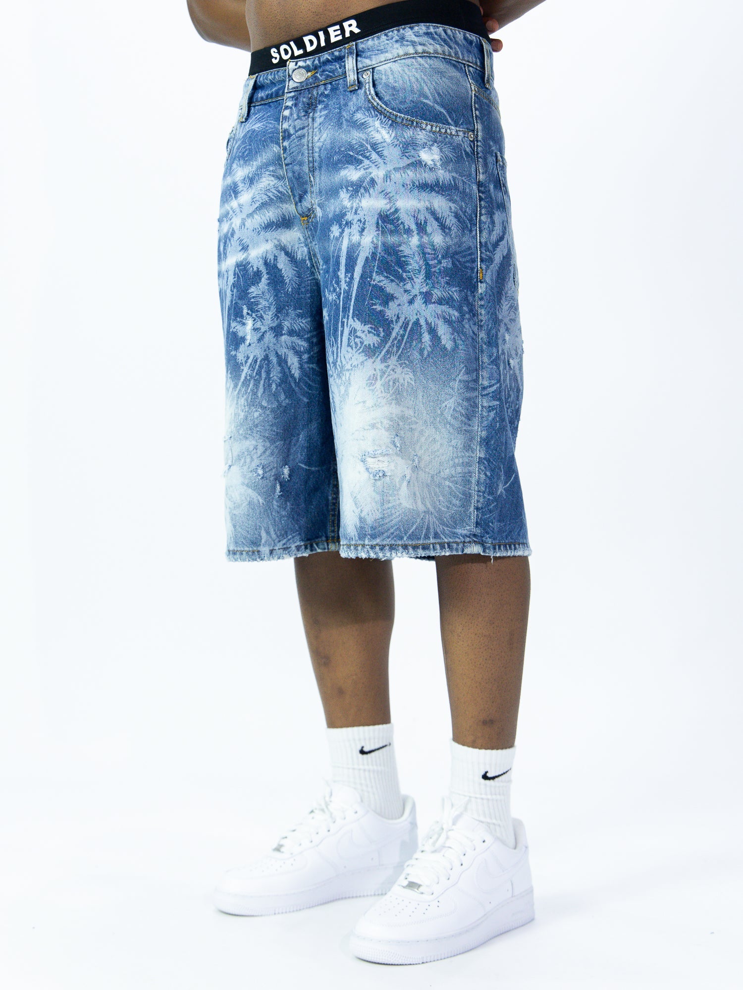 SOLDIER Bermuda Jorts Jeans In Denim Con Ologramma Palme Denim Chiaro