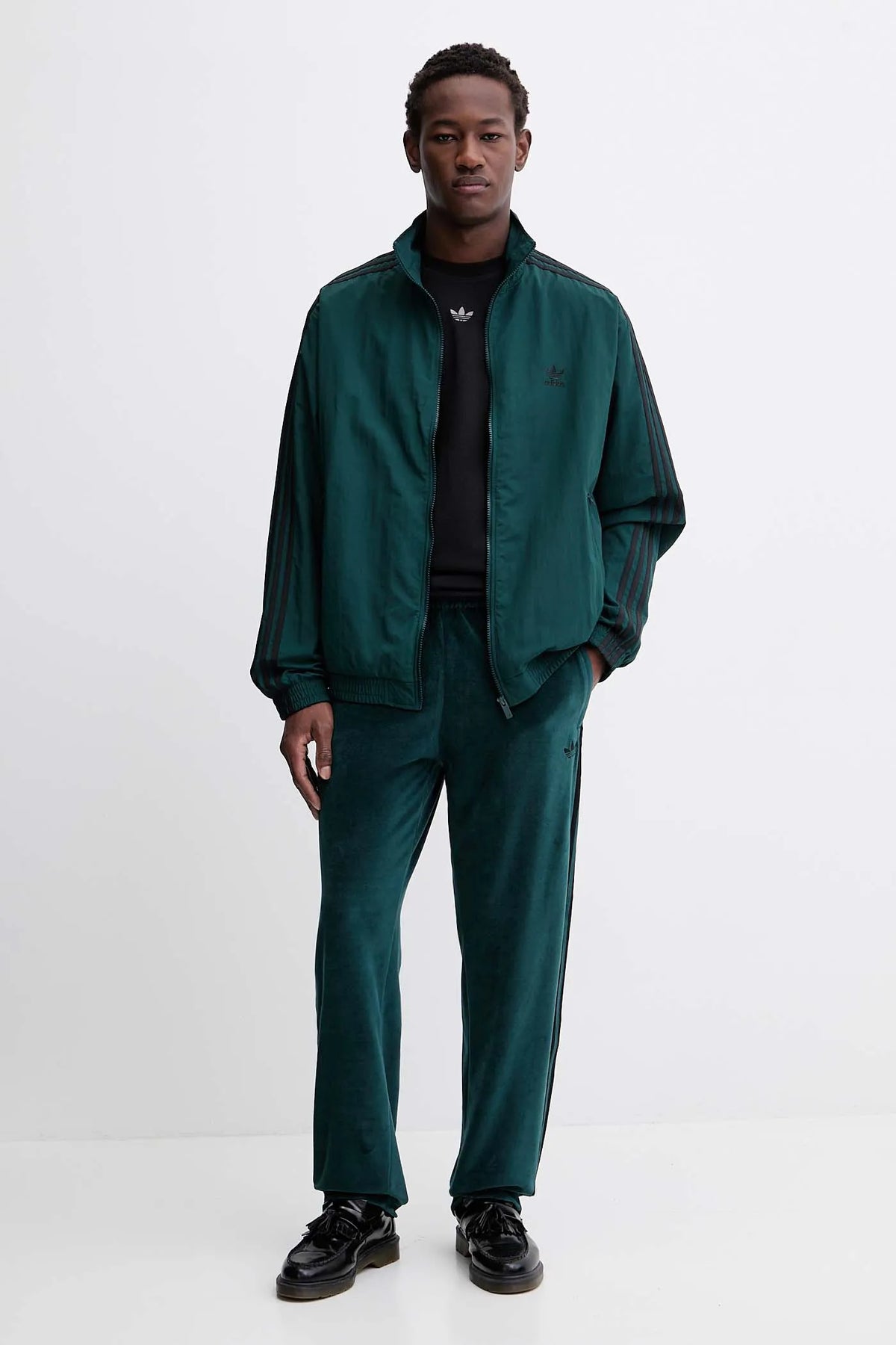 ADIDAS ORIGINALS Tuta In Microfibra Con Zip Senza Cappuccio Con Strisce Laterali Verde/Nera  25/26