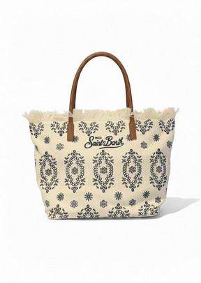 SAINT BARTH Borsa City regular in Sangallo con Frange Bianca Dettagli e Logo Ricamati Blu