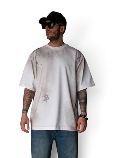BLACK ISLAND T-Shirt Con strass In Cotone Scritta Con Brillantini Retro Bianca Stone Wash