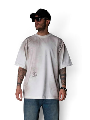 BLACK ISLAND T-Shirt Con strass In Cotone Scritta Con Brillantini Retro Bianca Stone Wash