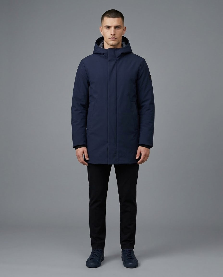 MORE Giubbotto Lungo Carson Con Pelliccia Interna e Cappuccio Blu