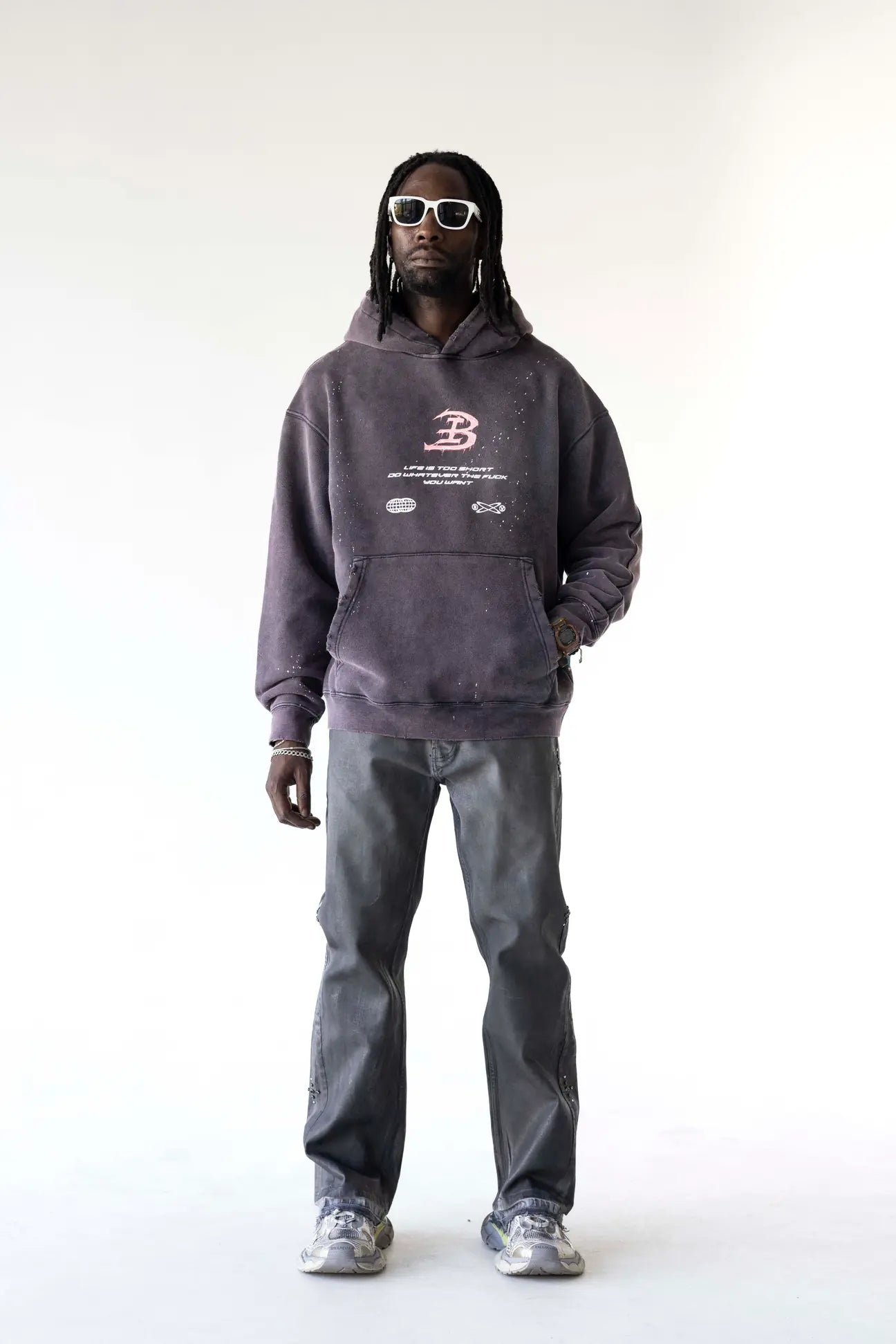 BLACK ISLAND Felpa Con Cappuccio Con Stampa Fronte e Retro Viola Stone Wash