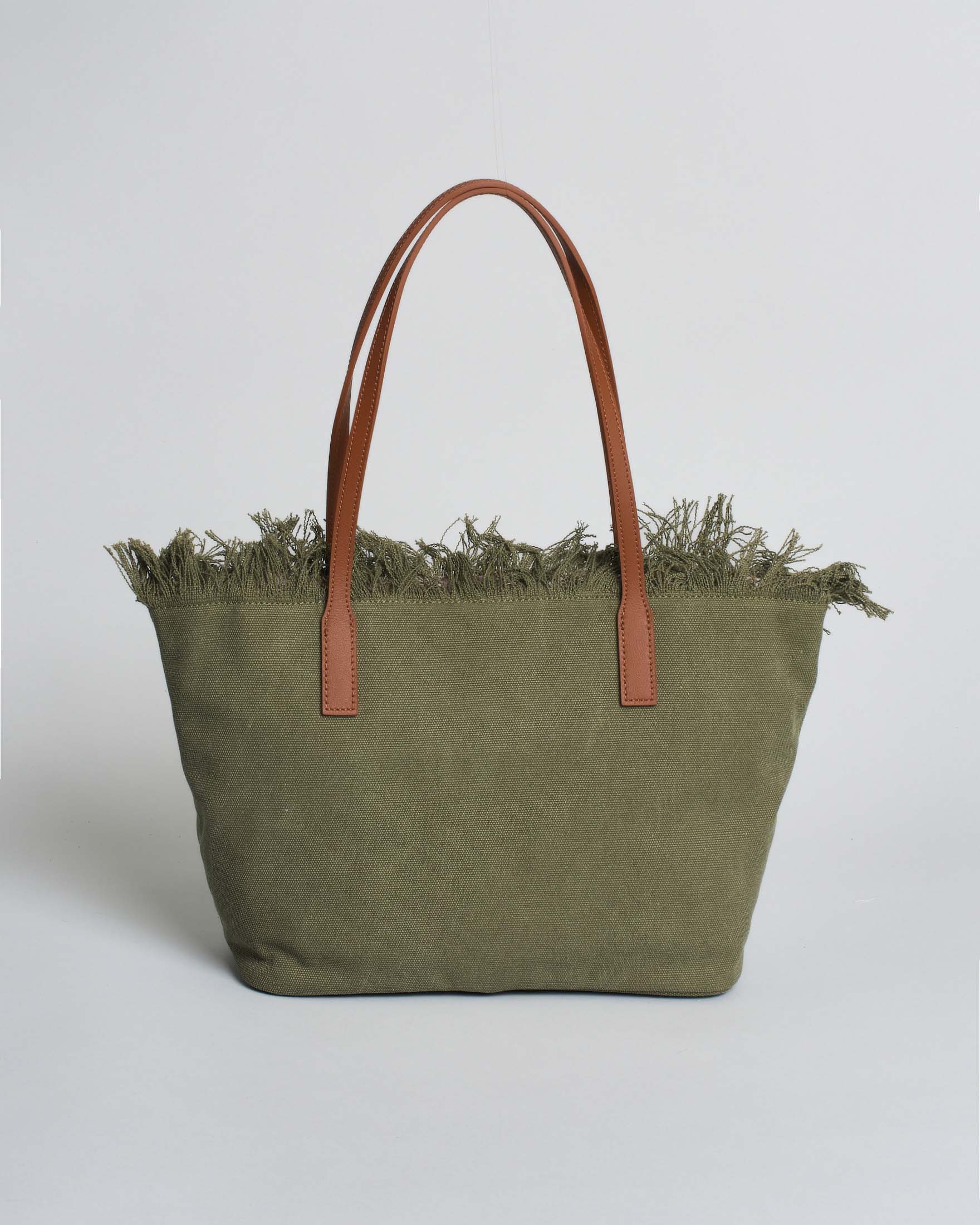 SAINT BARTH Borsa City Medium in cotone Verde Militare con chiusura a zip e frange