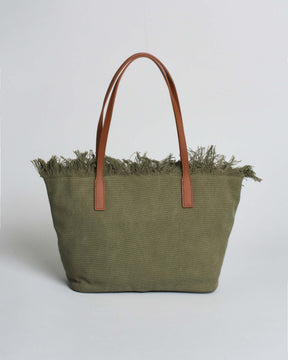 SAINT BARTH Borsa City Medium in cotone Verde Militare con chiusura a zip e frange
