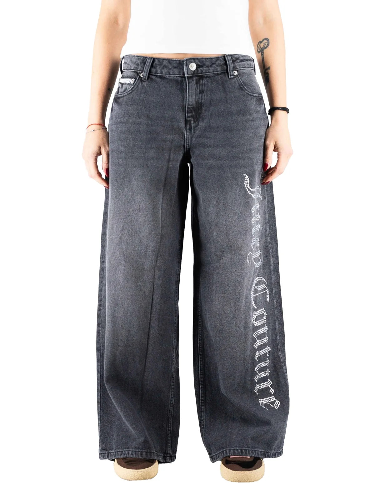 JUICY COUTURE Jeans Baggy Denim Nero Logo Con Brillantinati Donna