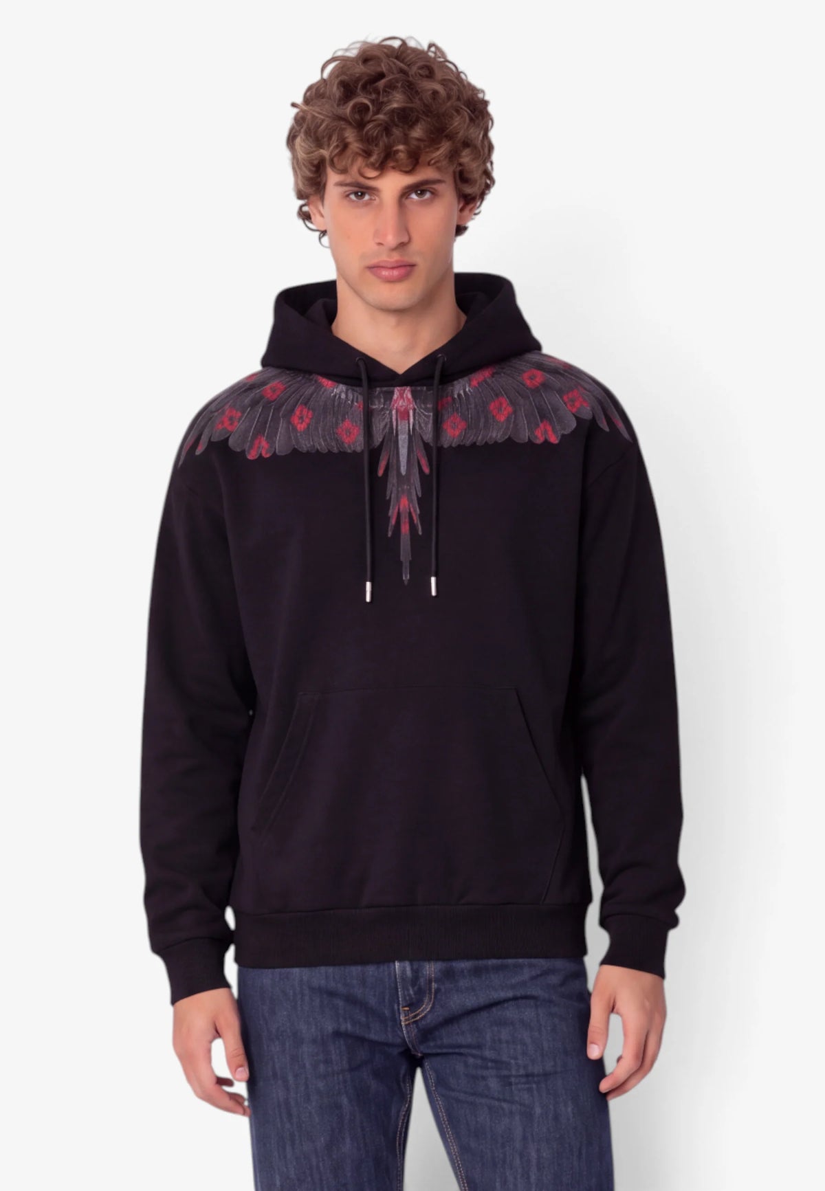 COUNTY OF MILAN Felpa Con Cappuccio Marcelo Burlon Nera Con Ali Grigio/Rosso