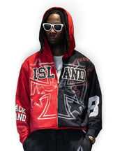 BLACK ISLAND Felpa Con Zip e Cappuccio Con Stampa Fronte e Brillantini Nero/Rosso