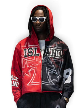 BLACK ISLAND Felpa Con Zip e Cappuccio Con Stampa Fronte e Brillantini Nero/Rosso