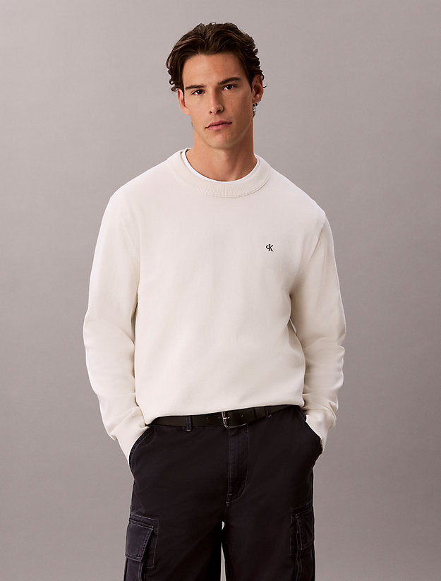 CALVIN KLEIN Maglioncino Girocollo In Cotone Liscio Logo Piccolo Bianco