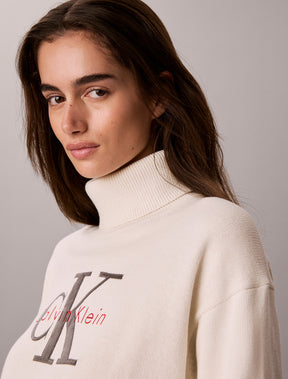 CALVIN KLEIN Donna Maglione a Collo Alto Con Logo Frontale Panna