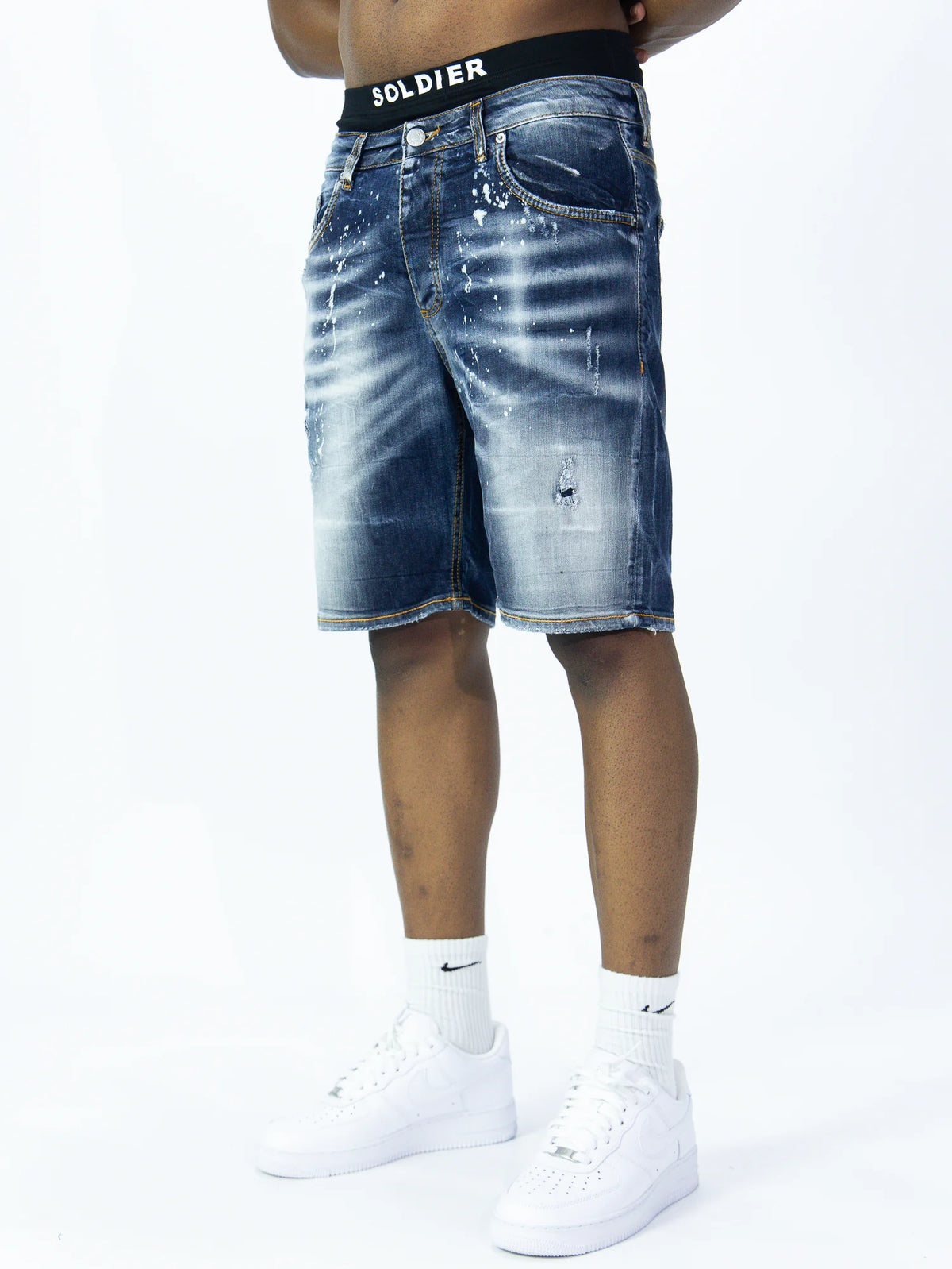 SOLDIER Bermuda Jeans  In Denim Classico Effetto Macchiato Blu