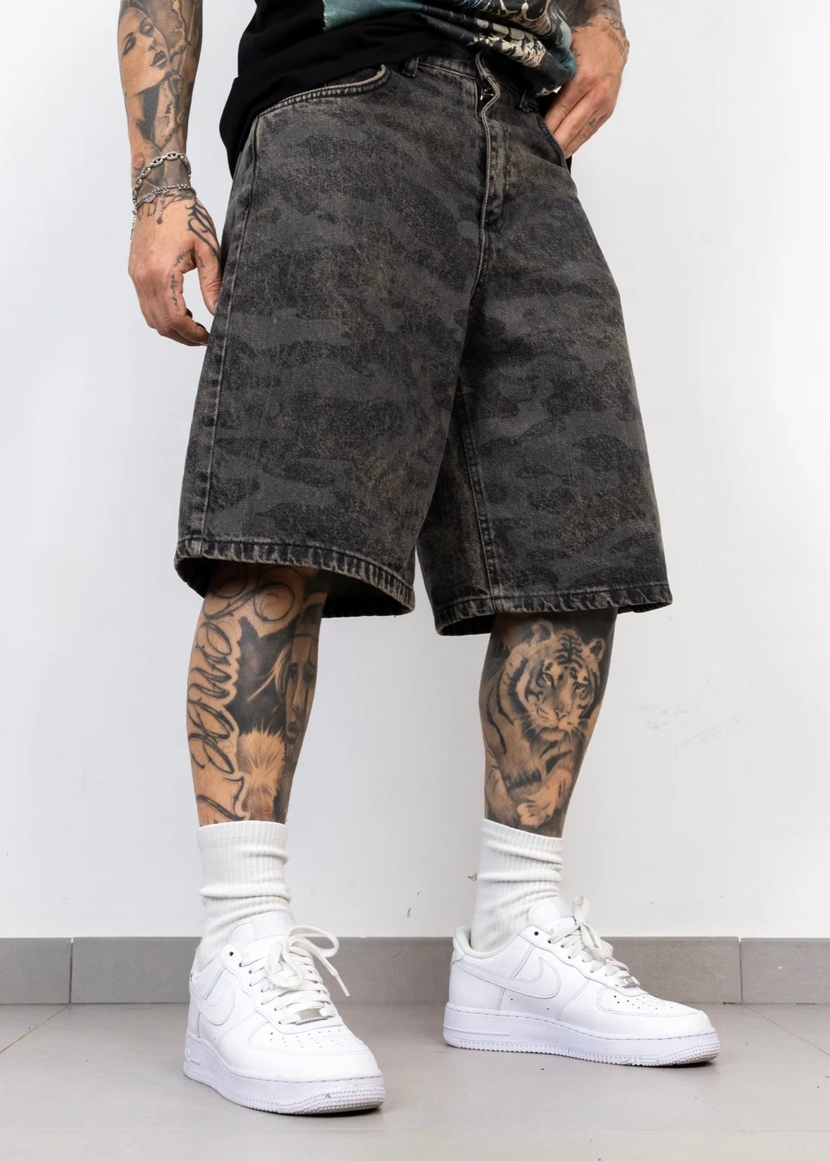 PRESENT DAY Bermuda Jeans Ballon Camo Nero/Grigio